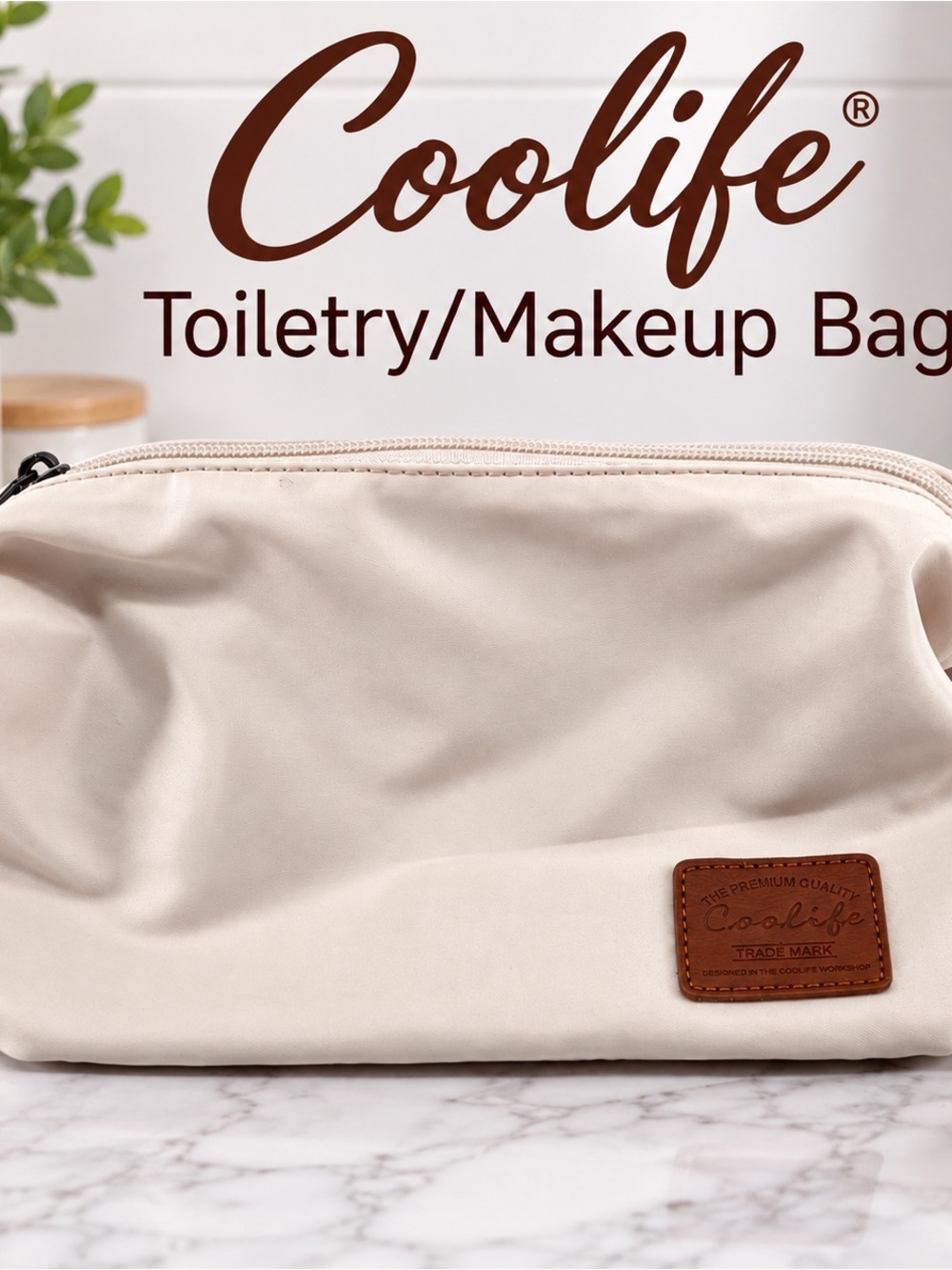 Coolife Travel Toiletry & Makeup Bag Cream Beige Cosmetic Organizer Zip Pouch